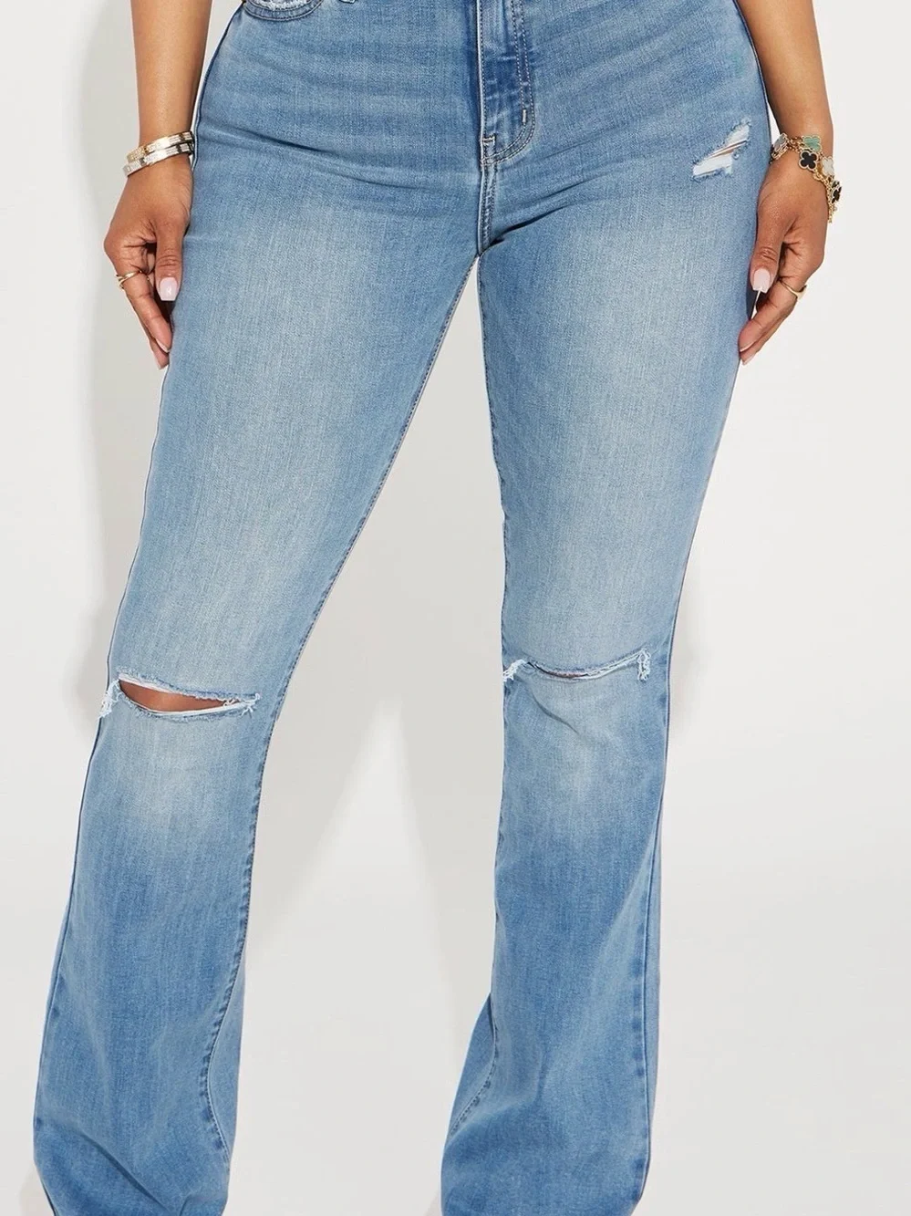 Fashion Nova Light Blue High-Rise Flare Jeans with Knee Rips - Picture 1 of 5
